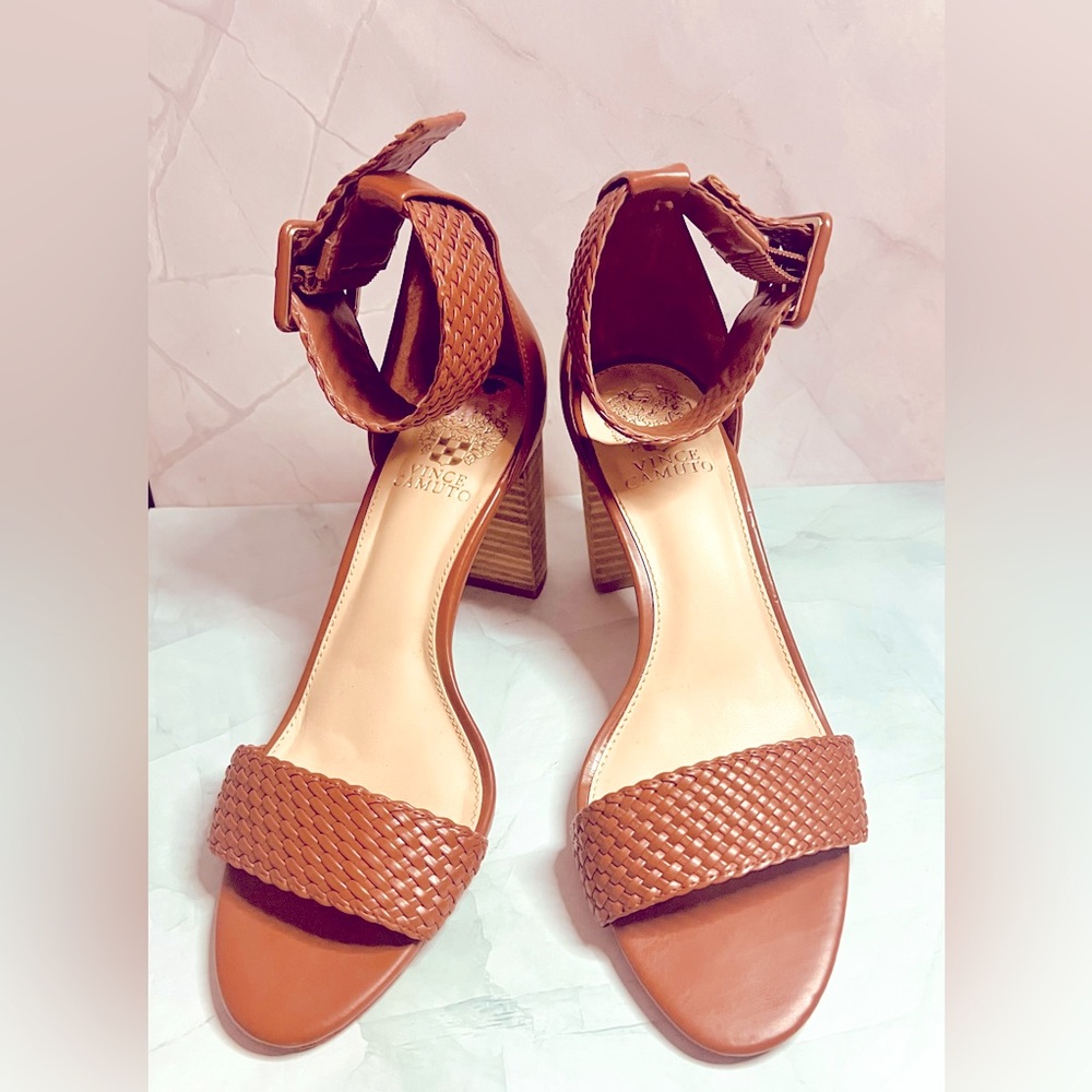 VINCE CAMUTO MAGHEN Braided Ankle Strap Open Toe Heel Sandals Brown